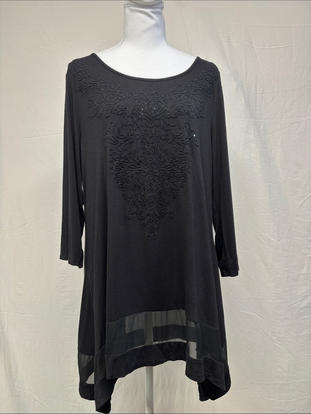 B.L.E.U. Black Embroidered Sheer-Hem Tunic